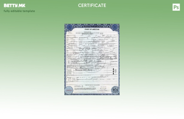 Модерен стил Шаблон за уверение за смрт од државата Аризона во САД во формат PSD